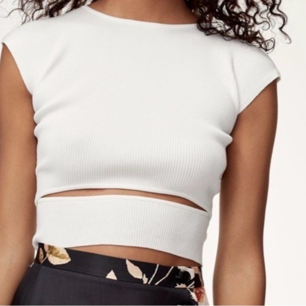 Wilfred/Aritzia White Ribbed Cutout Crop Top
